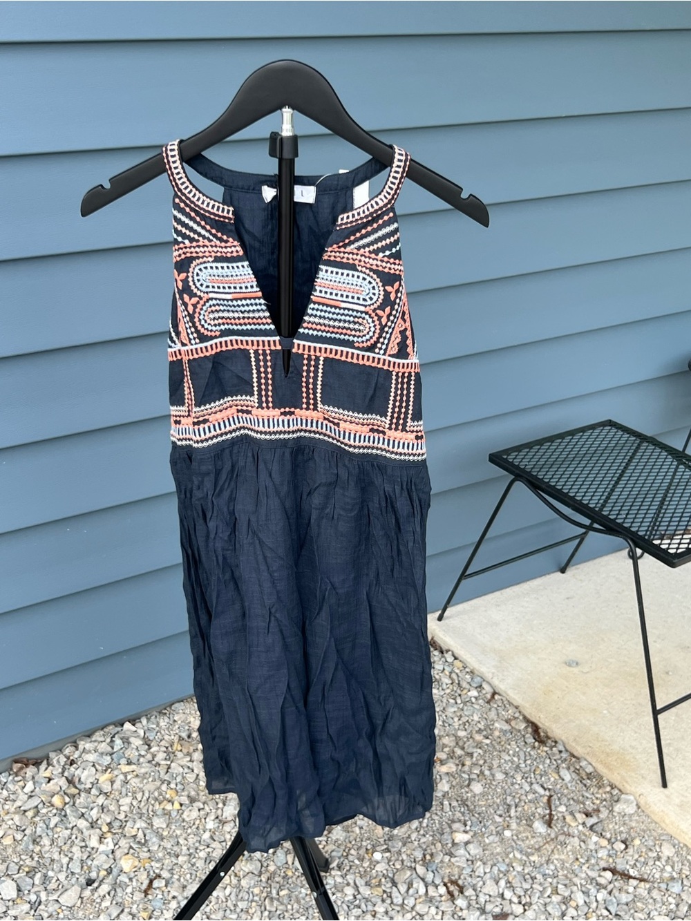 THML Navy Midi Dress with Coral & White Embroidery
